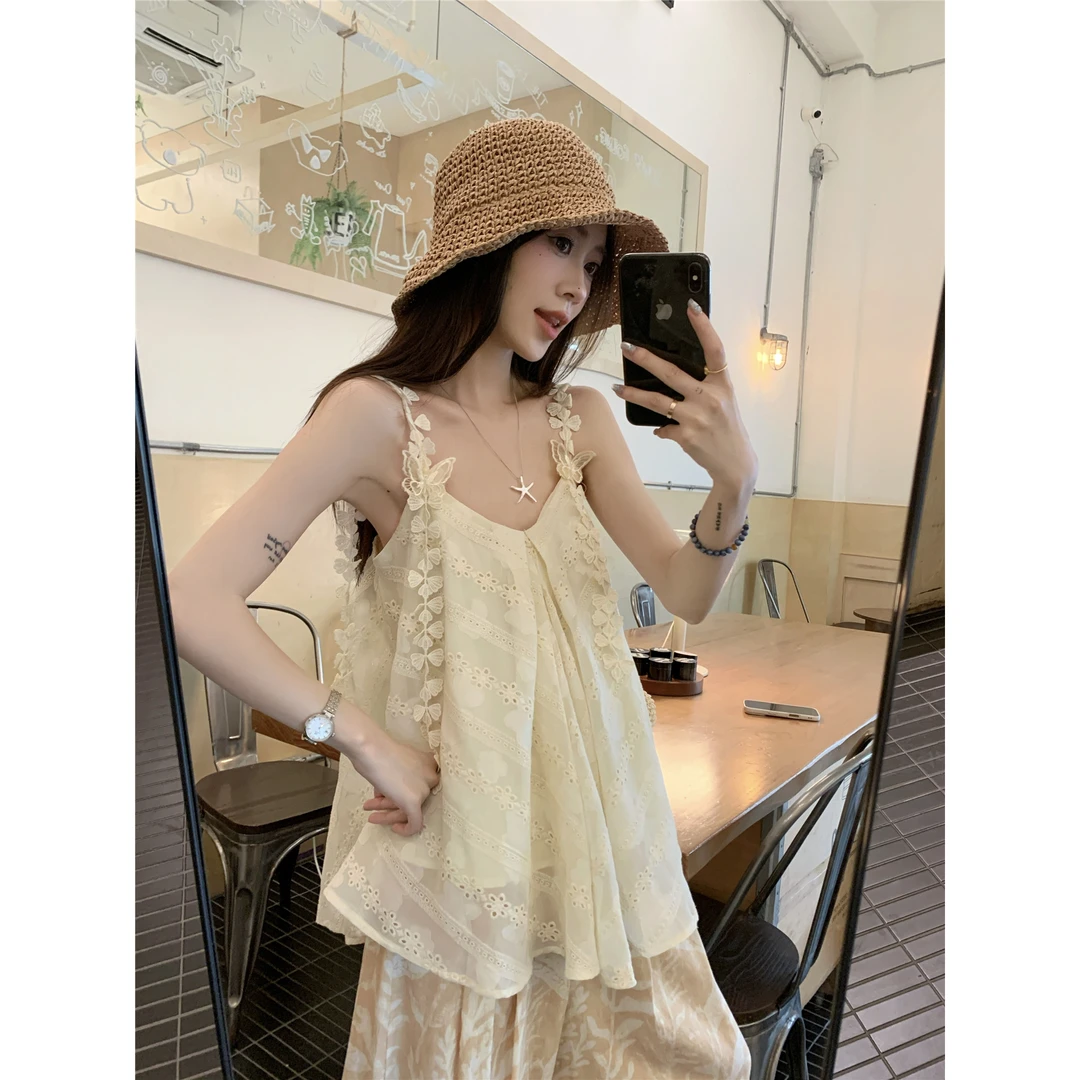 绝美超好看独特漂亮上衣吊带小衫高腰百搭阔腿裤套装无袖套装