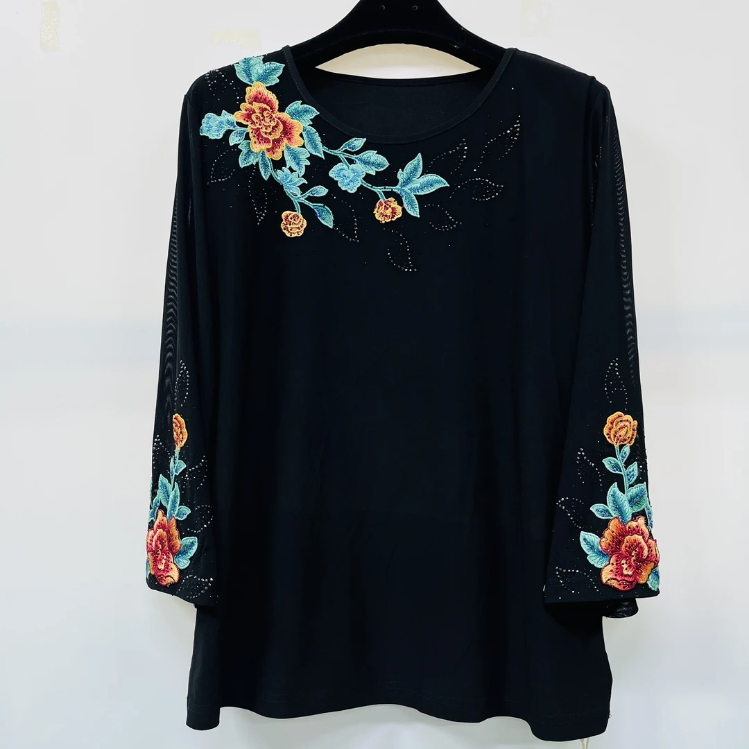 荣澜新款韩国冰丝麻重工刺绣网纱袖刺绣母亲节衣服中老年7002