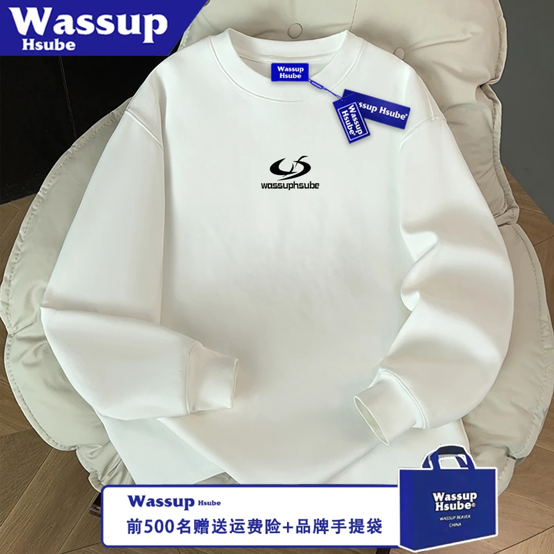 WASSUP HSUBE潮流长袖百搭秋冬美式几何宽松圆领字母印花情侣上衣