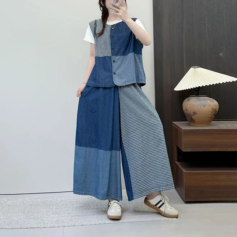 （衣兮复古牛仔拼接套装）25166-25165夏季简约百搭小众设计感套装D