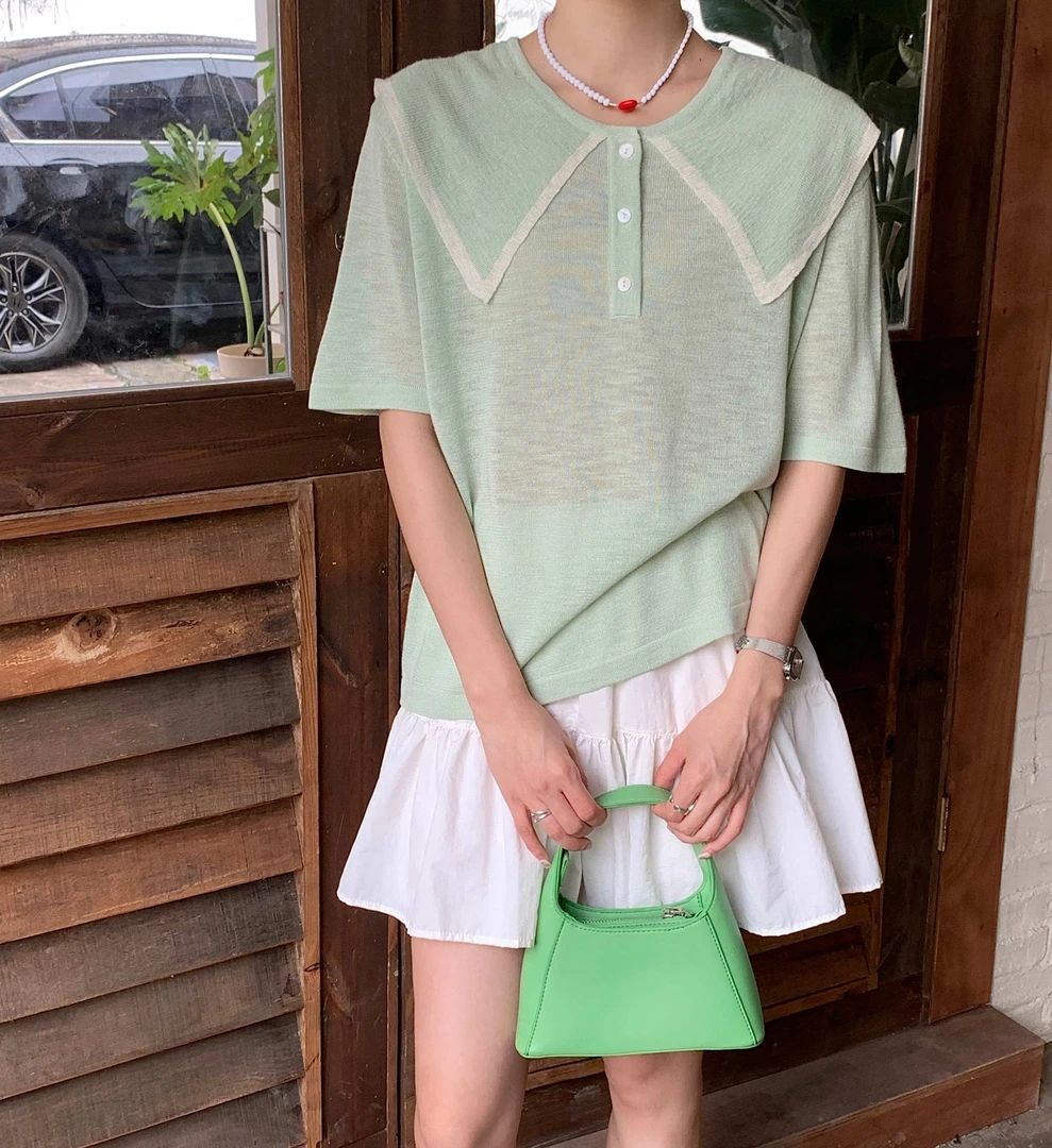 学院风甜美少女娃娃领宽松短袖T恤夏季针织衫小众显瘦翻领海军领