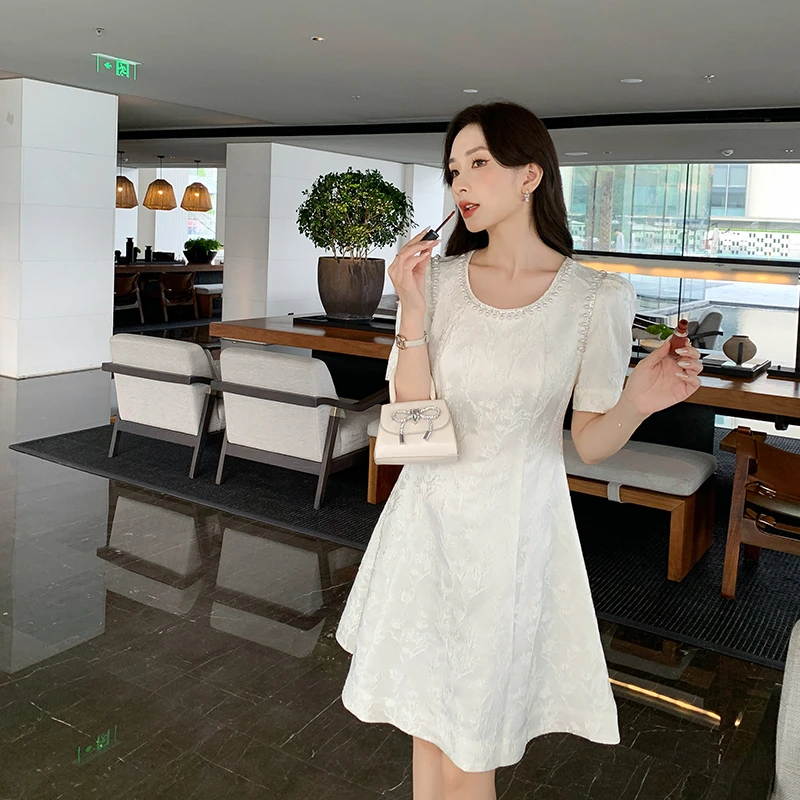 奢姿[轻奢系列]大码女装2025夏季新款显瘦时尚钉珠提花拼接连衣裙