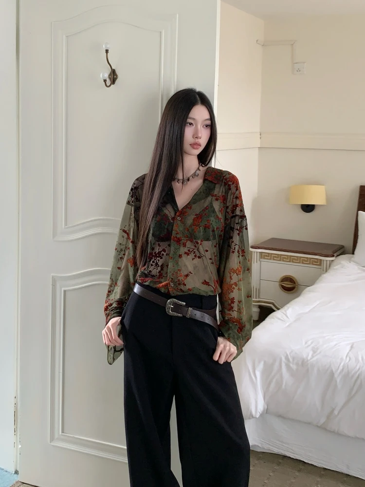 复古网纱植绒长袖衬衫女秋薄款宽松设计感小众高级感气质上衣罩衫