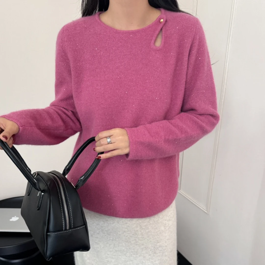 56895亮丝钉珠圆领镂空针织衫毛衣秋冬宽松显瘦百搭长袖上衣女