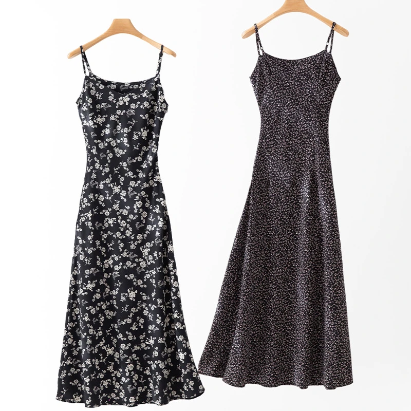 春夏新款黑色碎花吊带连衣裙女茶歇气质收腰a字裙女生长裙