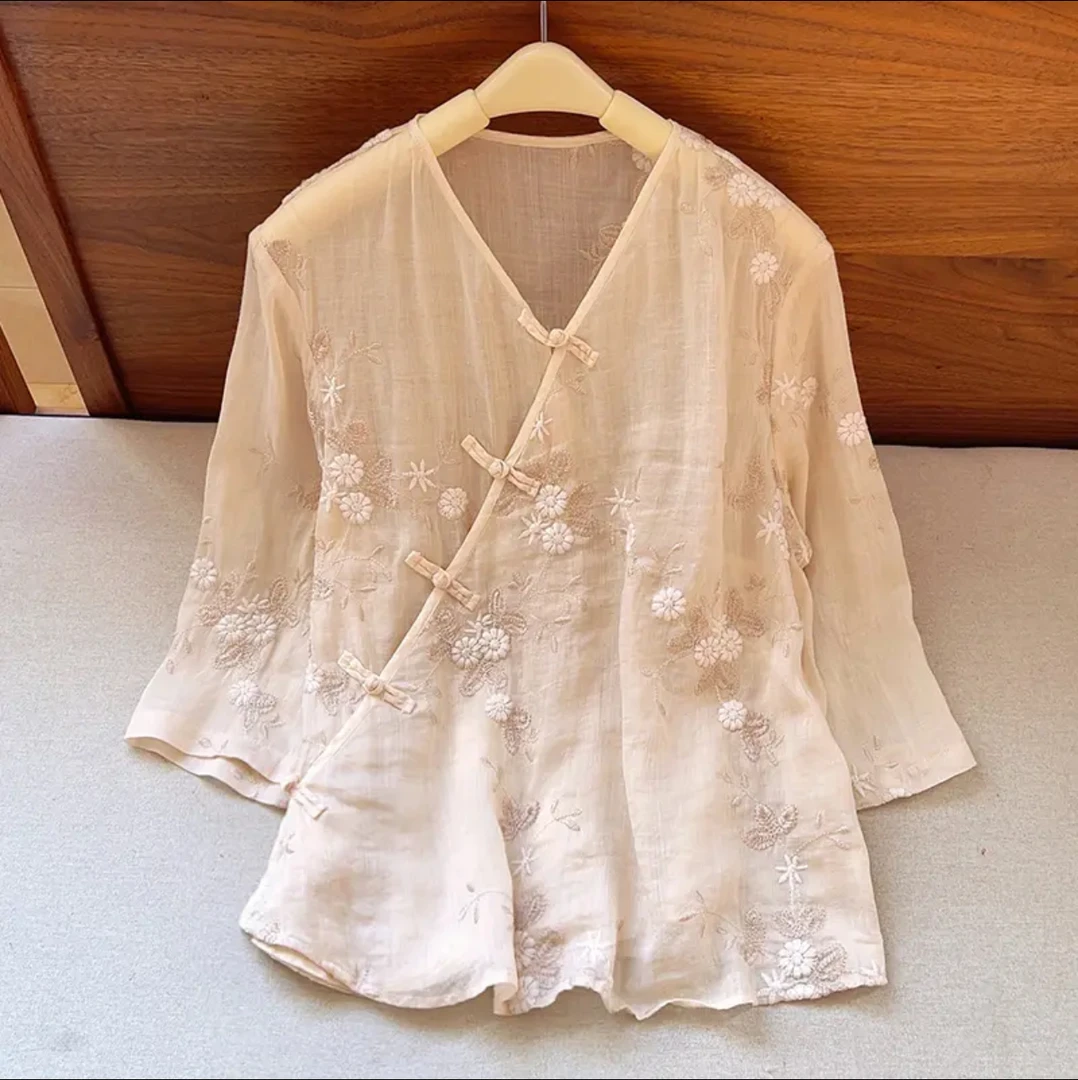 沅曼【金玉小衫】苎麻刺绣短款夏季中国风中式提花绣花禅意衬衫薄款