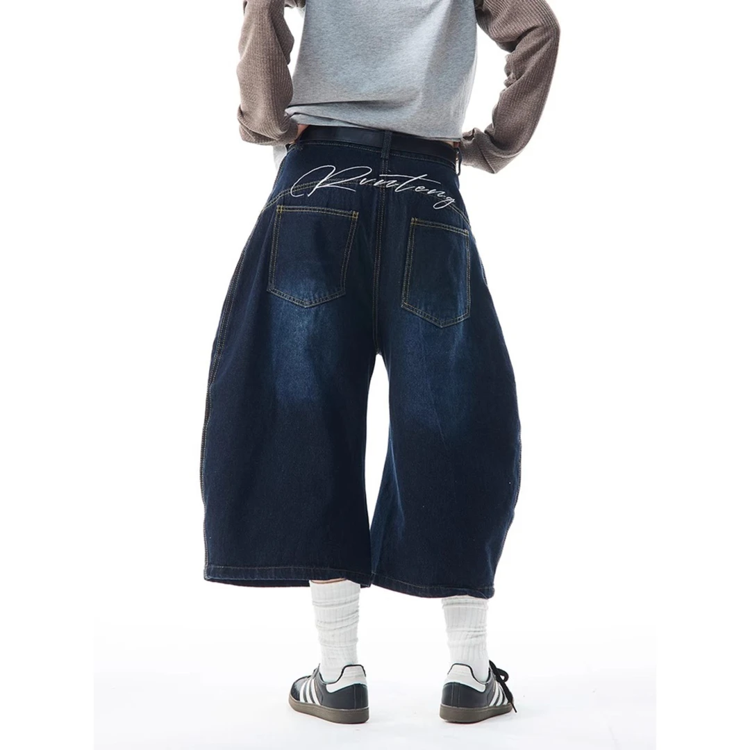 美式复古字母刺绣弯刀阔腿牛仔短裤男女夏季宽松水洗慵懒七分裤子