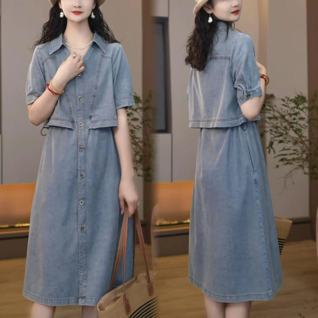 时尚翻领假两件牛仔裙女2025夏季新款宽松显瘦中长款休闲连衣裙子