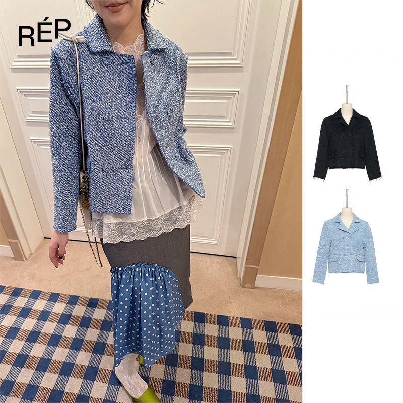 【7折】REP-PUSHBUTTON设计师品牌黑/蓝色双排扣翻领外套（特价NO退）