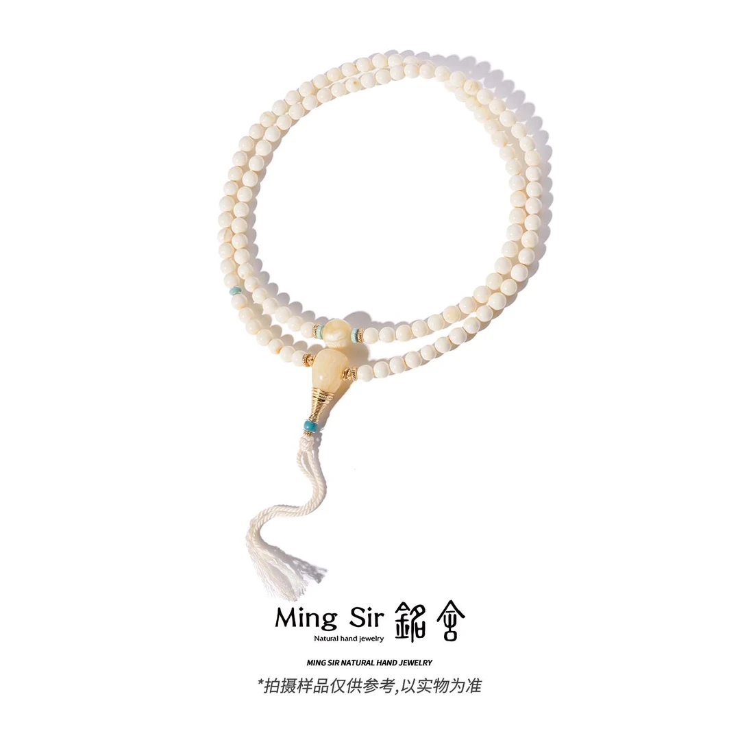 【铭舍 东方既白·典藏糯白108】天然琥珀俄料蜜蜡圆珠糯白108设计款