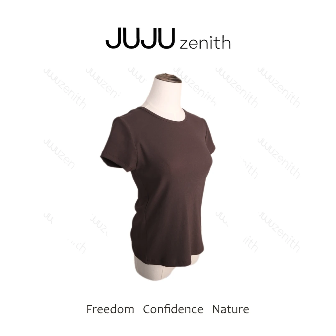 JUJU·回眸·纯色修身套头纯棉短袖正肩露背