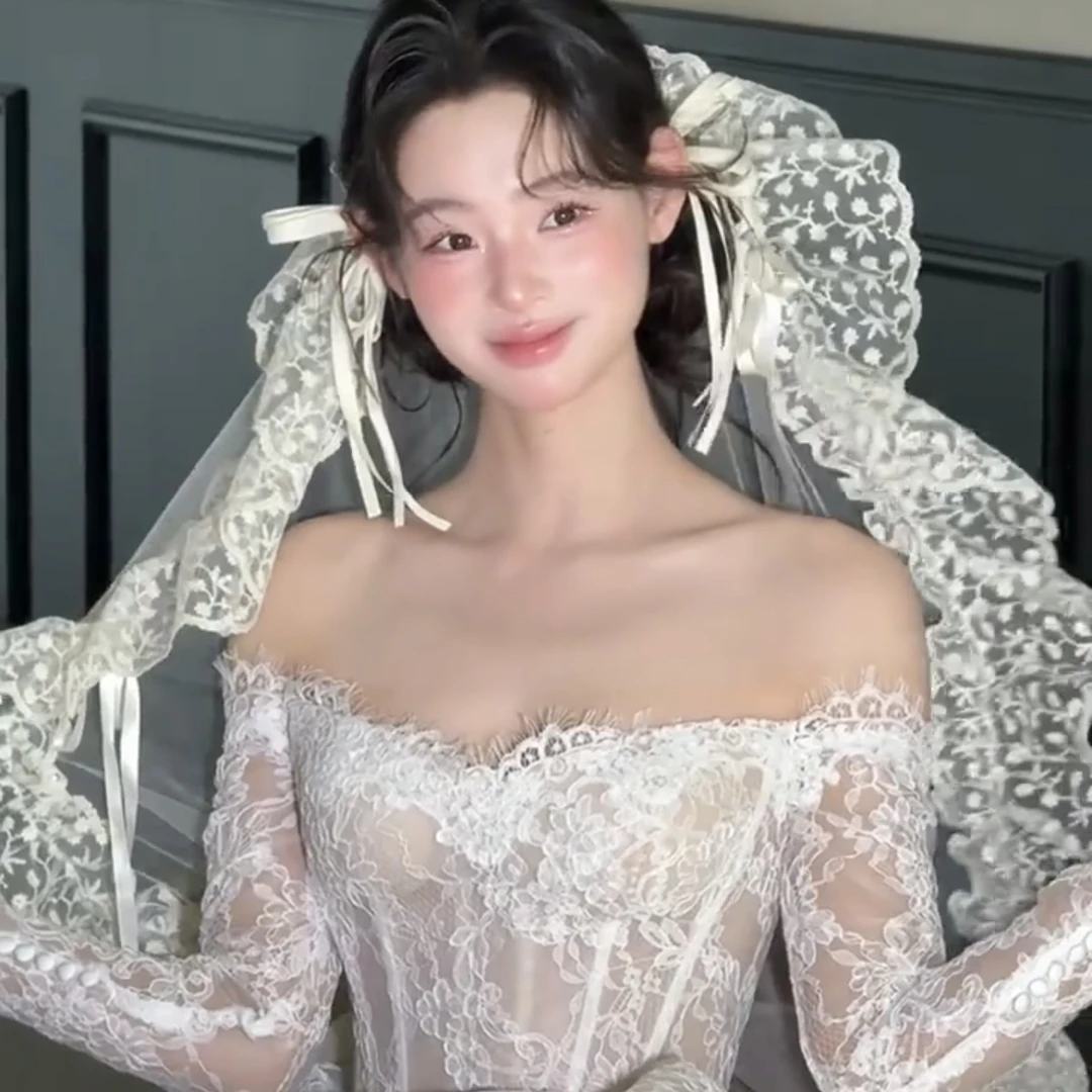 1380新款法式复古蕾丝花边头纱小众出片头饰