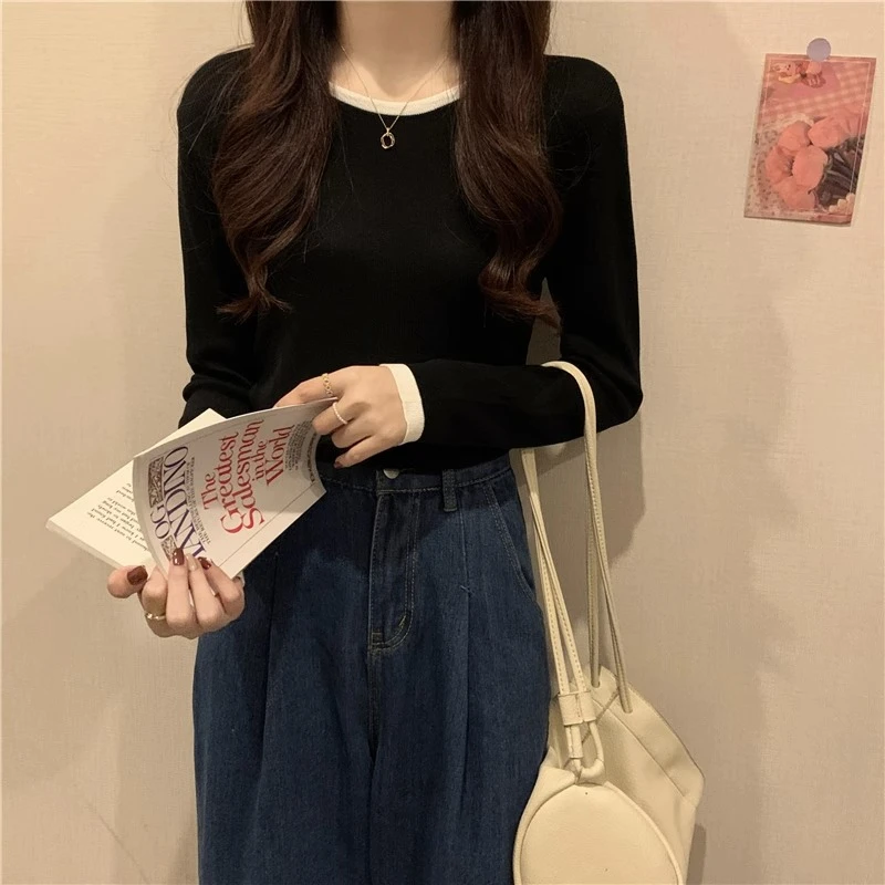 【拼色打底】秋季韩版设计感休闲纯色拼接打底上衣