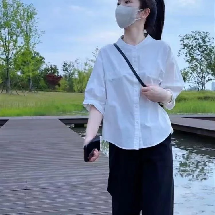 范哲萨薄款100%纯棉圆领中袖宽松衬衫女2025夏季新款遮肚显瘦