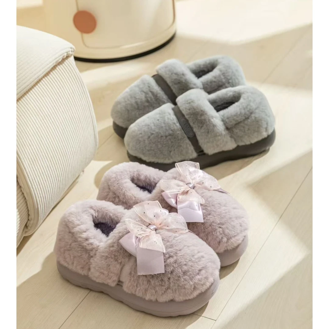 迪盛包跟防滑保暖蝴蝶结厚底毛绒情侣款棉拖鞋居家外穿棉鞋毛毛鞋