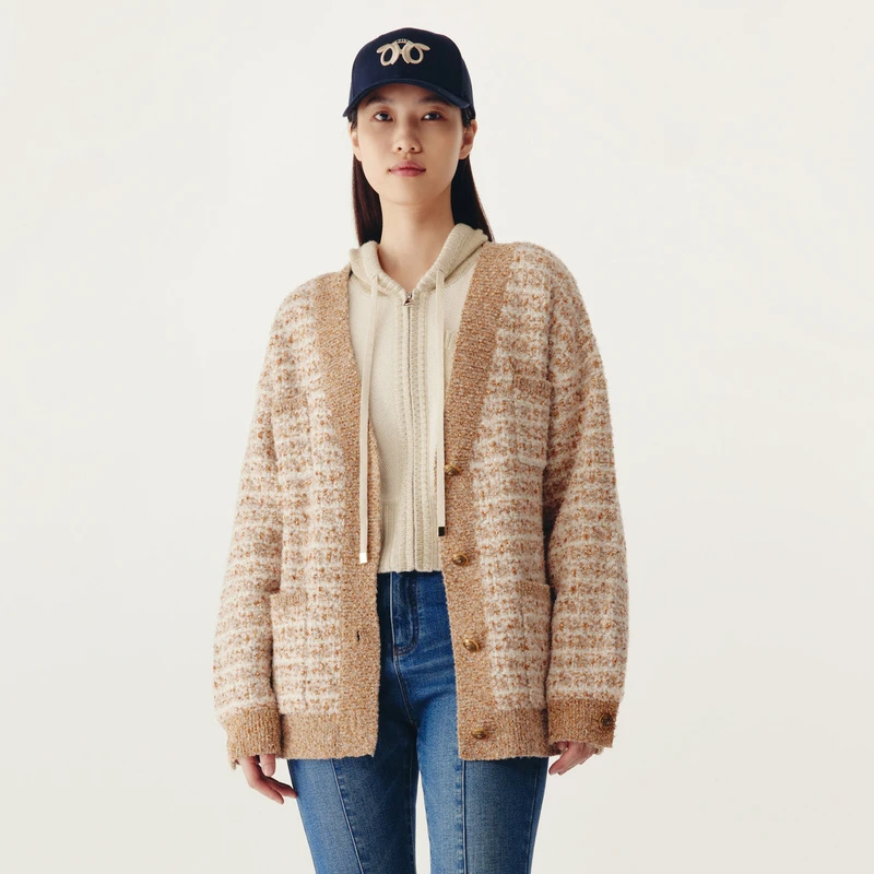 HPLY荷比俪2022冬季新款女V领罗纹宽松落肩气质针织衫HYC44650232