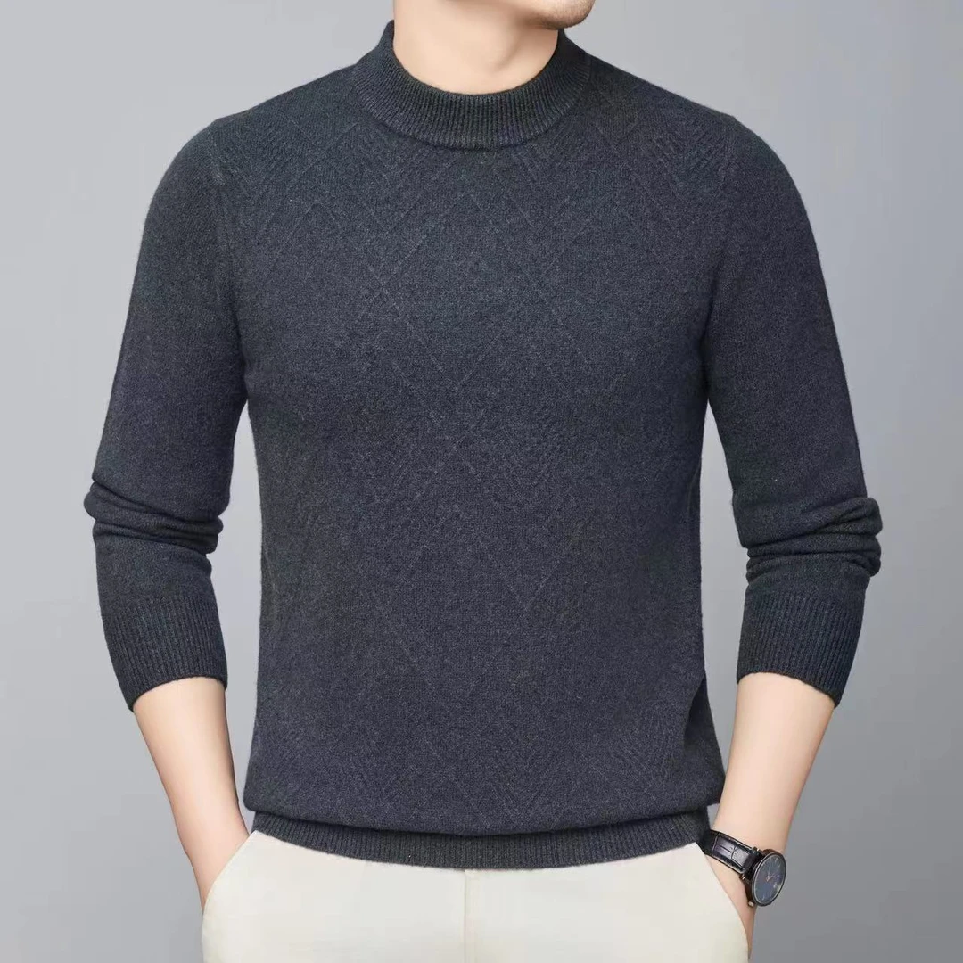 男士半高领加厚三角菱形提花圆领毛衣（实数）
