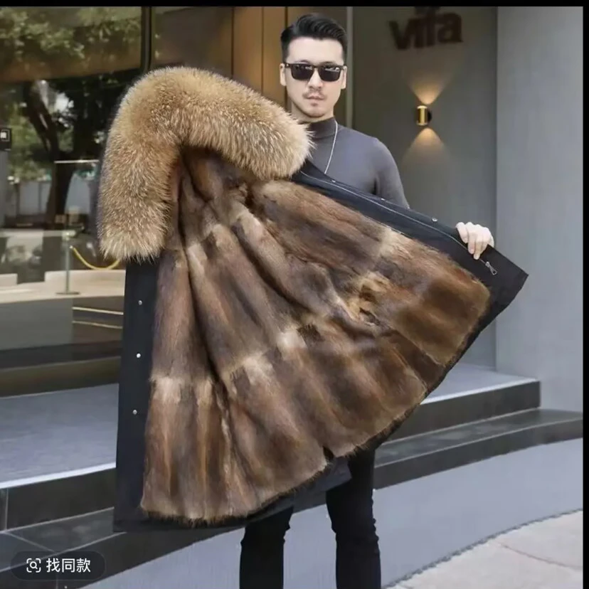 整貂男士中长款派克服大衣