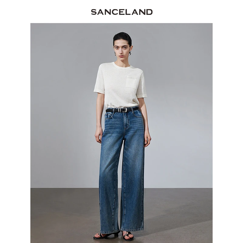 SANSELEND三石一澜夏新款纯棉复古蓝高腰阔腿牛仔裤女SJ22203113