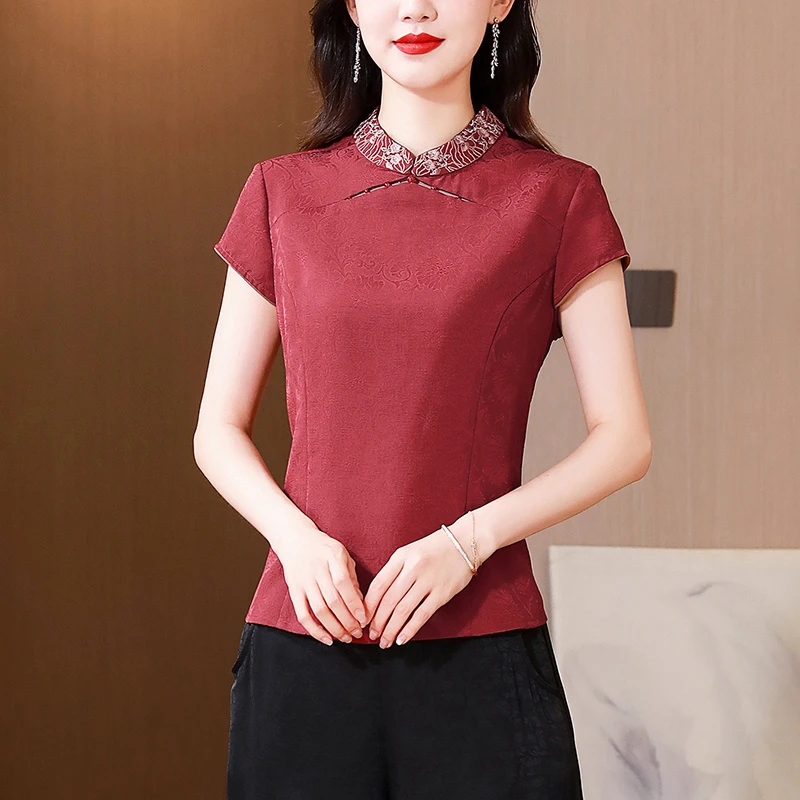 新中式立领短袖衬衫女2025夏季新款设计感镂空时尚显瘦百搭上衣潮