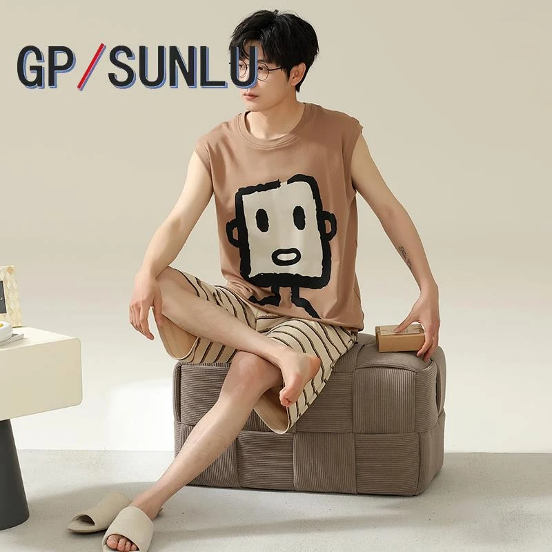 日本小众GP背心睡衣男士夏季棉质无袖薄款男孩青少年家居服套装夏