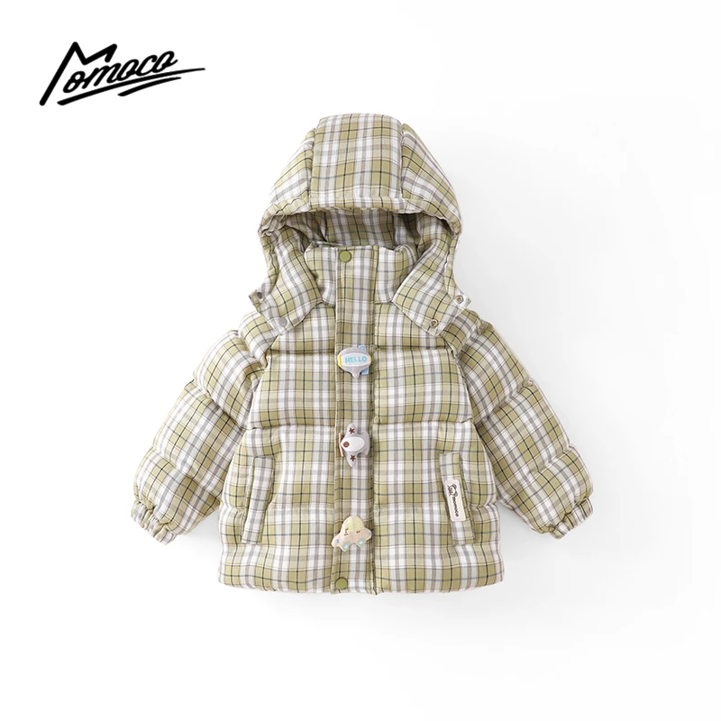 MOMOCO冬季新款男童时尚洋气格子连帽棉服外套75480101026