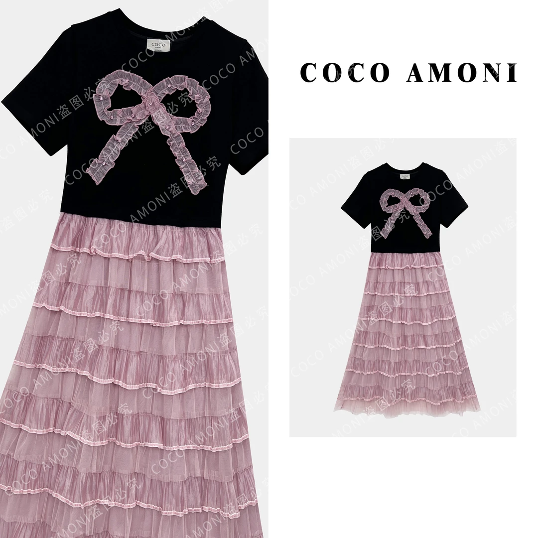 {曼姐}高级感夏日女装拼接重工蝴蝶结收腰显瘦连衣裙ZC324