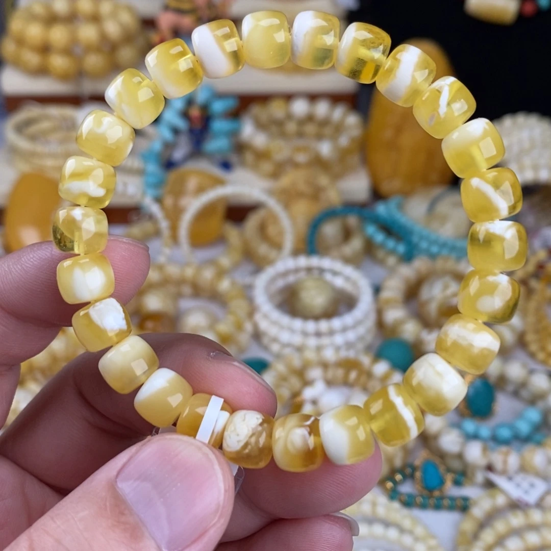 蜜蜡未镶嵌手链金瓷白妖花9mm