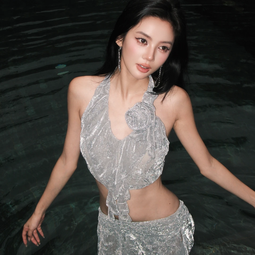 OMOM辣妹荷叶领挂脖bikini三件套不规则短裙温泉沙滩度假泳衣4168