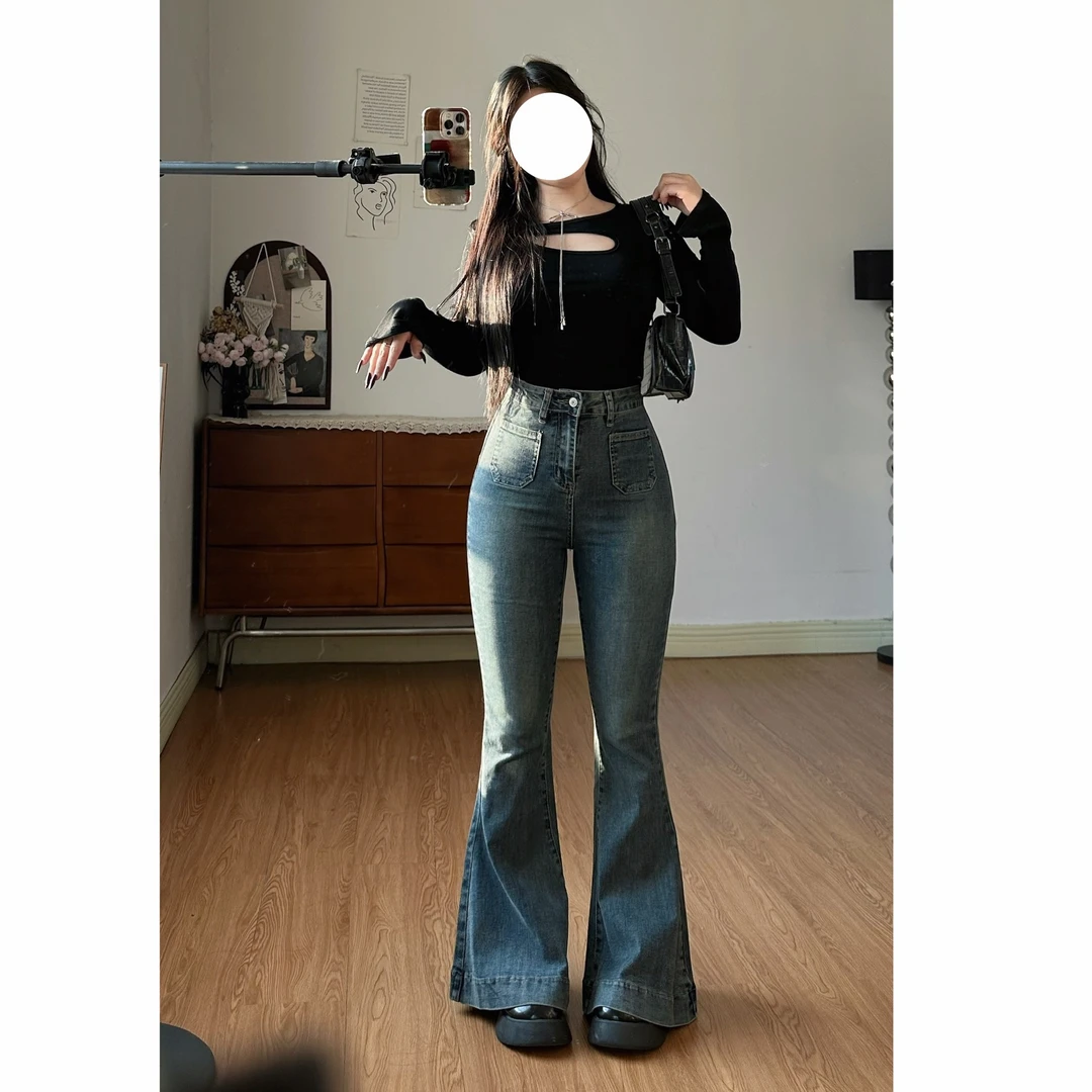 清清！百搭休闲时尚显瘦大喇叭裤排扣设计高腰牛仔裤-L149