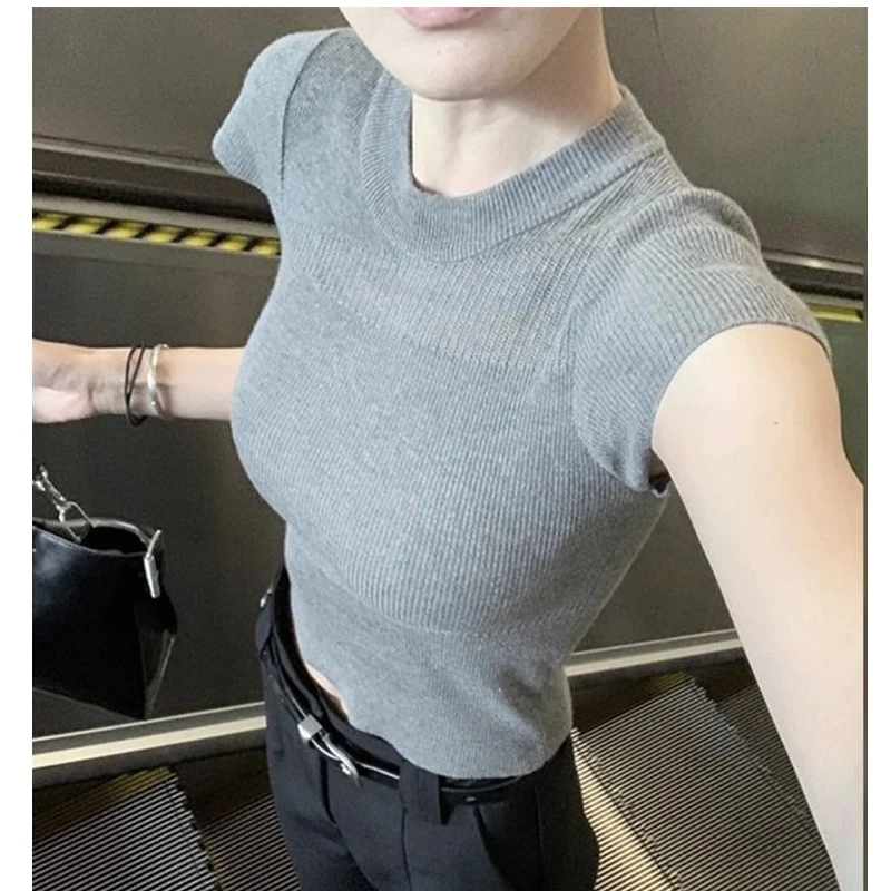 灰色镂空正肩针织短袖t恤女夏季2025新款设计感小众紧身短款上衣