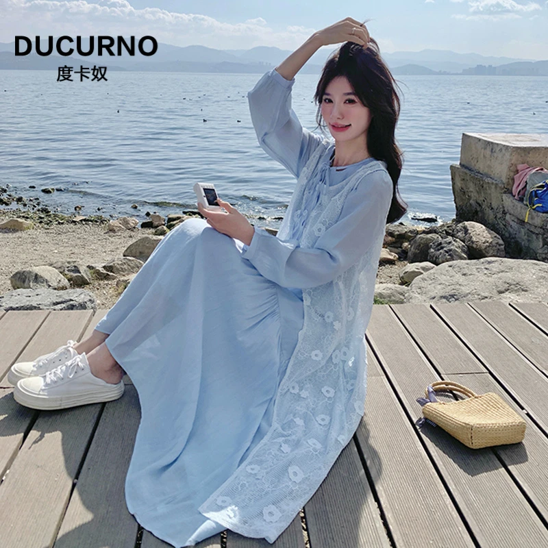蕾丝罩衫蓝色洋装套装女装春秋超火法式温柔风独特漂亮叠穿两件套