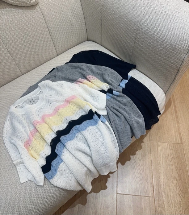 UM703韩系彩色条纹拼色冰丝短袖2025夏季新款