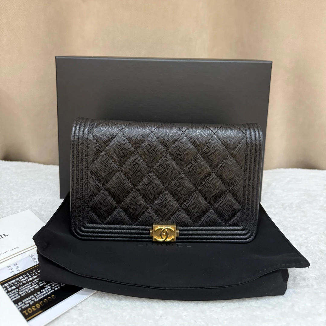 95新 Chanel/香奈儿 黑金leboy woc 黑色荔枝粒面皮革