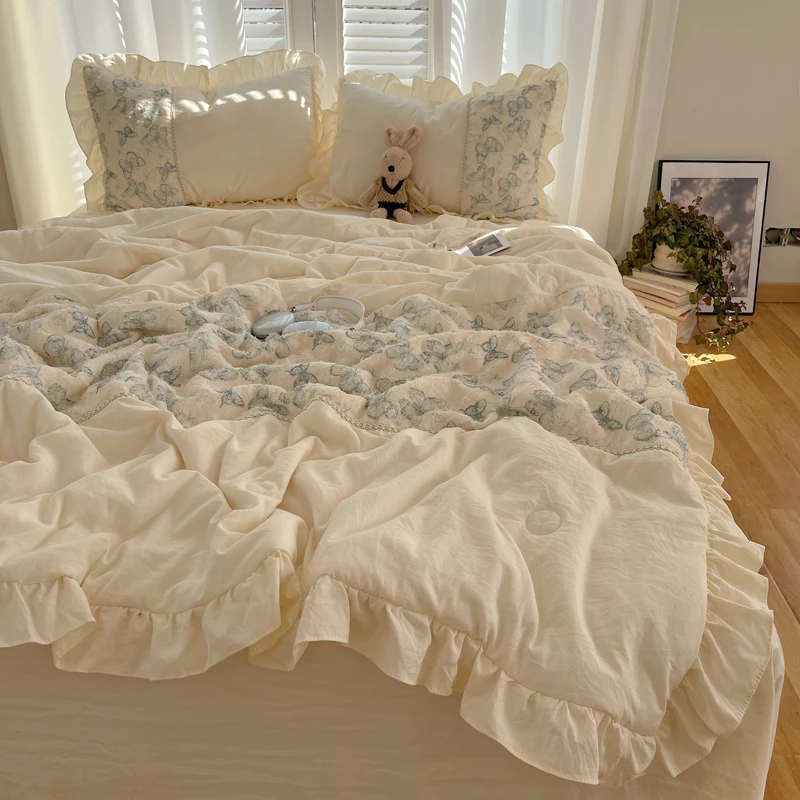 法式公主风蝴蝶剪花空调被被套床单荷叶边少女心夏被四件套三件套