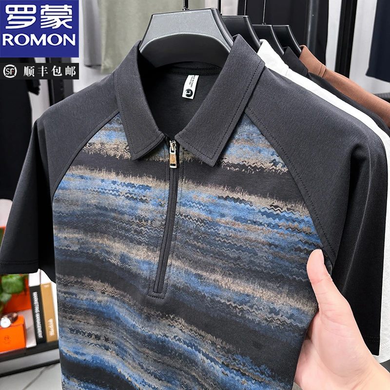 罗蒙夏季宽松印花polo衫半拉链短袖T恤男士韩版迷彩潮流休闲男装