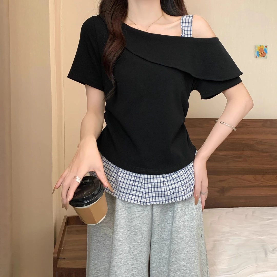 胖MM斜肩收腰显瘦拼接短袖T恤女2025新款夏季大码别致设计感上衣