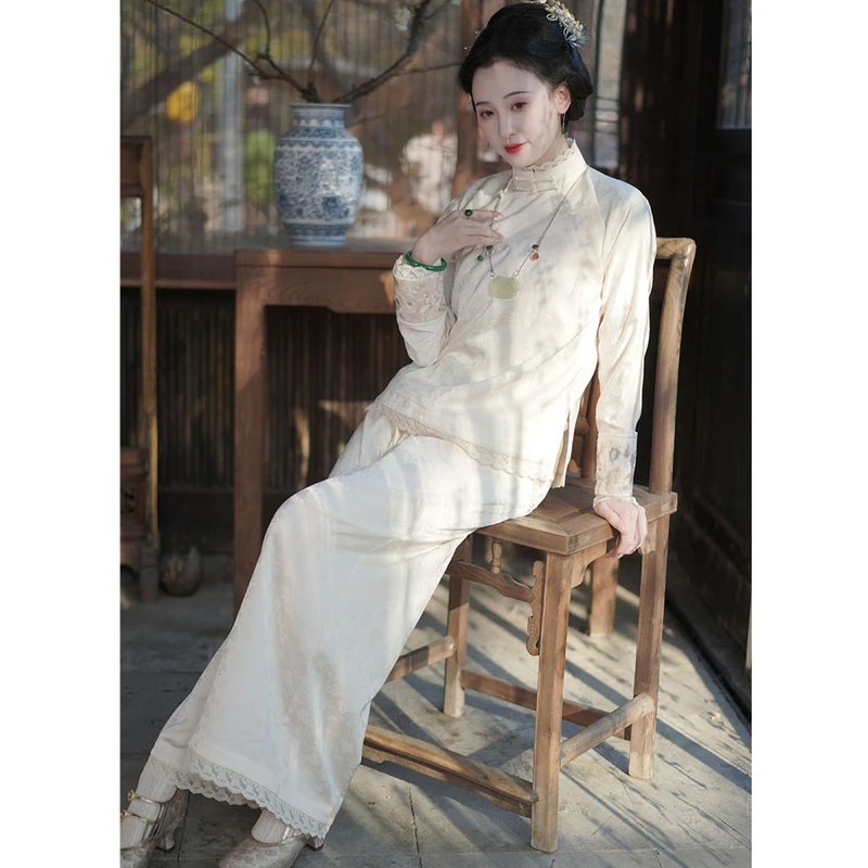 【树摇风】2024春季新款女打底上衣裤子长袖刺绣国风套装打底内搭