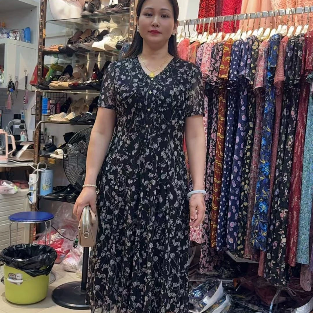 夏季时尚碎花圆领短袖过膝显瘦妈妈装连衣裙