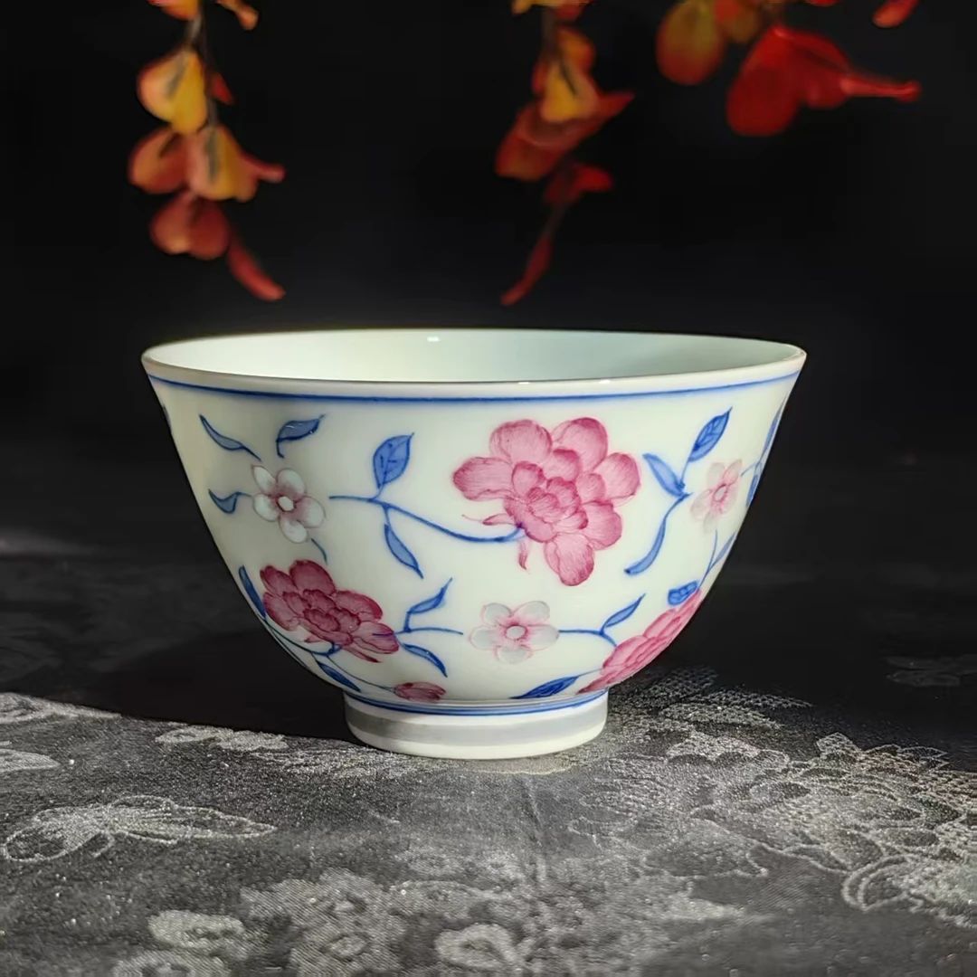 玲珑集 青花釉里红花卉主人杯 LL407