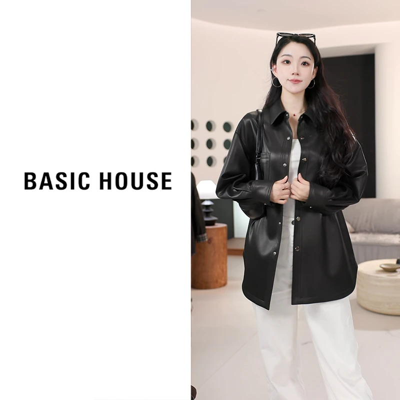 Basic House/百家好2025新款皮衣外套女B1294B5C862（衣长82）