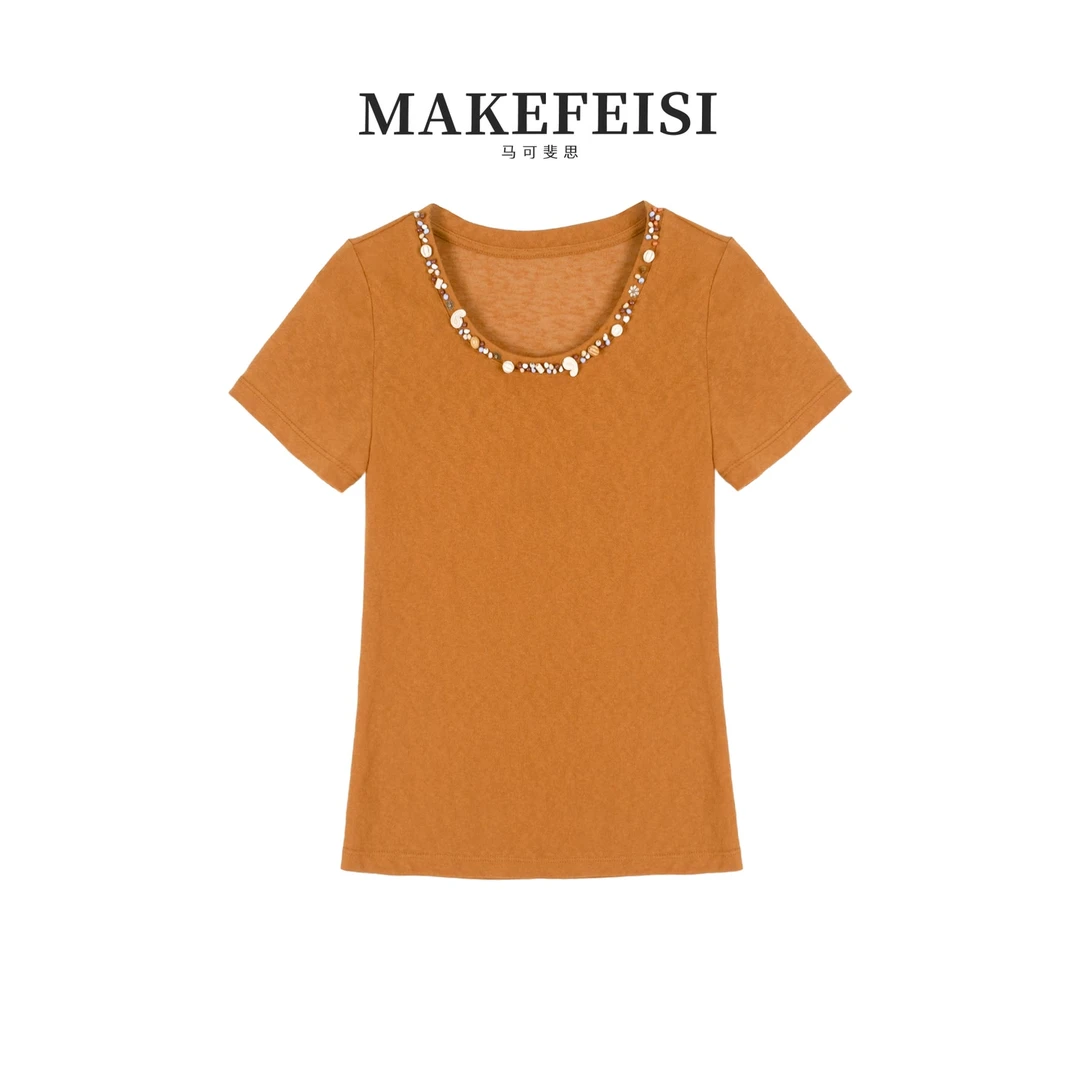 手工串钉珠设计感贝壳T恤SY921