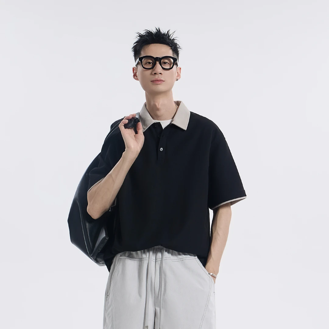 夏季亚麻桑蚕丝POIO领撞色短袖休闲宽松时尚百搭简约男女T恤2538