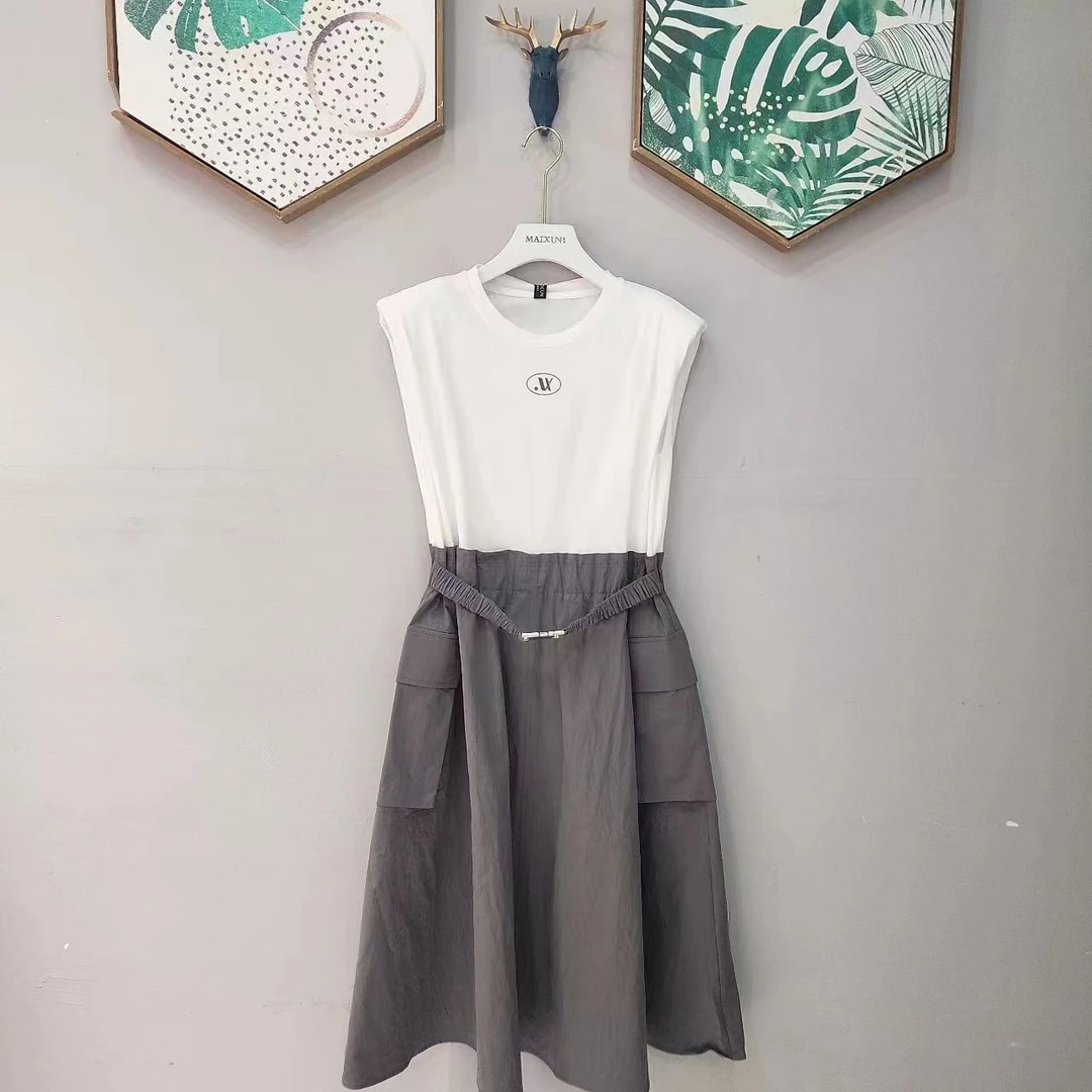 工装风中长款无袖拼接休闲连衣裙气质白色女装女士裙子个性设计感