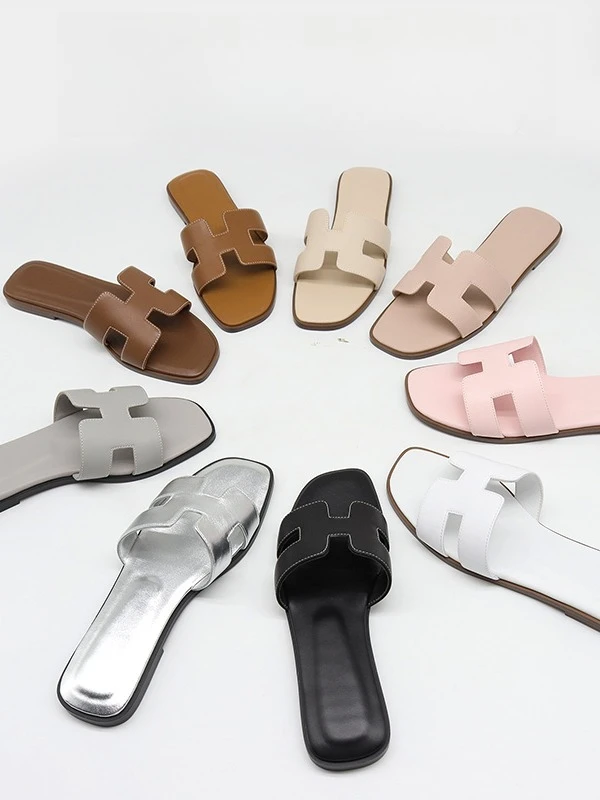 【菲菲家】H家真皮拖鞋软底一字拖韩版舒适方头日常极简风低跟