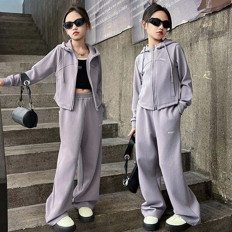 女童韩版休闲套装中大童春秋新款洋气纯色连帽上衣时髦长裤两件套