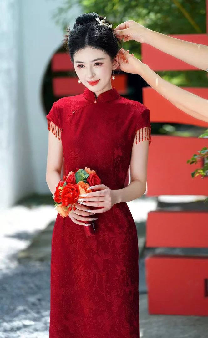【万年长】中国风中式婚庆秋季新娘红色旗袍显瘦时尚A21