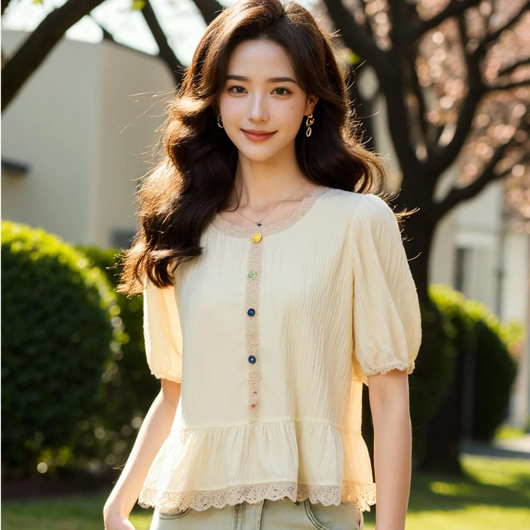 奢姿大码女装2025夏季减龄花边荷叶摆衬衫胖妹妹褶皱百搭时尚上衣