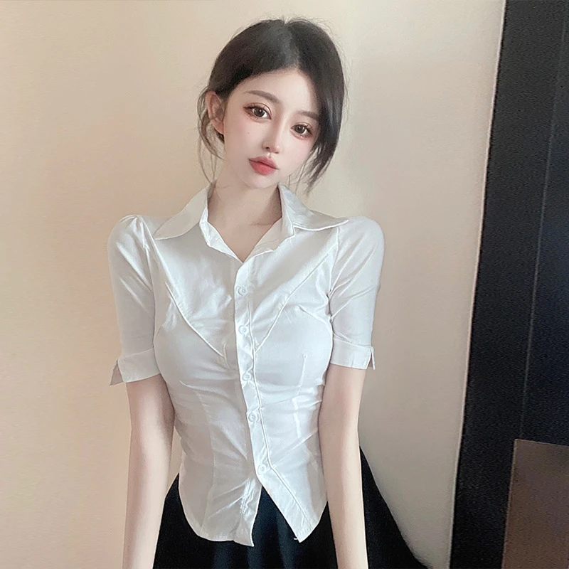 纯欲白衬衫大码网红设计感小众POLO领排扣修身不规则开叉衬衣制服