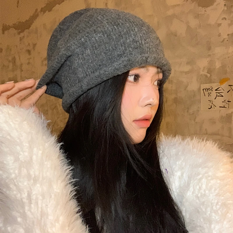 秋冬含羊毛冷帽网红帽子女秋冬季毛绒针织显脸小堆堆帽大头围包头